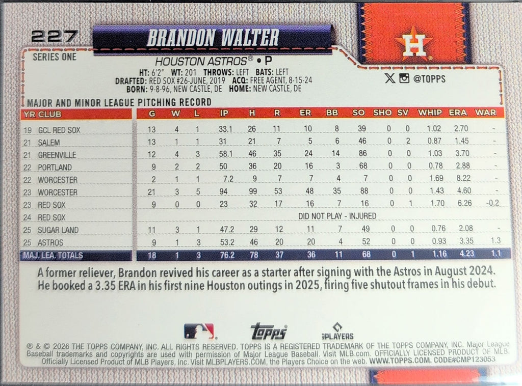2026 Topps Brandon Walter #227 Purple Holo Foil SN Houston Astros back