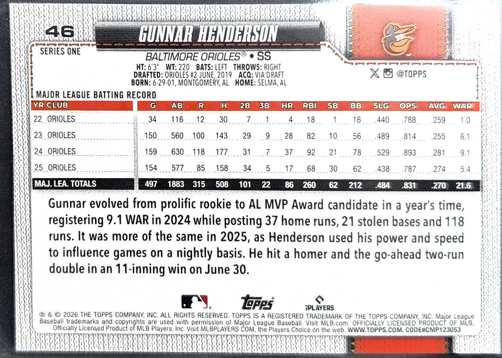2026 Topps Gunnar Henderson #46 Baltimore Orioles back