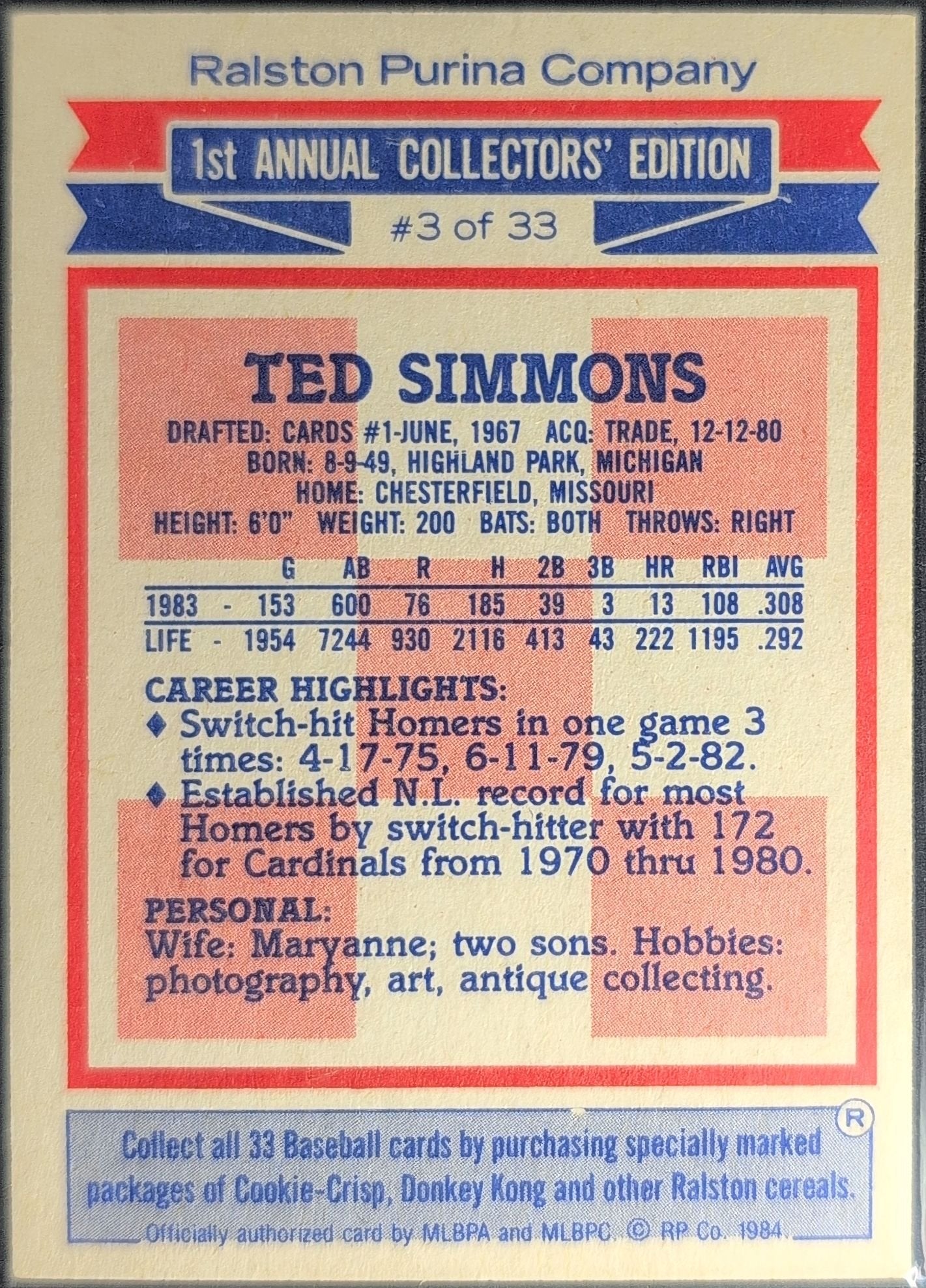 Ted Simmons 1984 Topps Cereal Series #3 Milwaukee Brewers - back image
