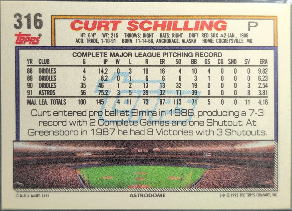 1992 Topps Micro Curt Schilling #316 Houston Astros back