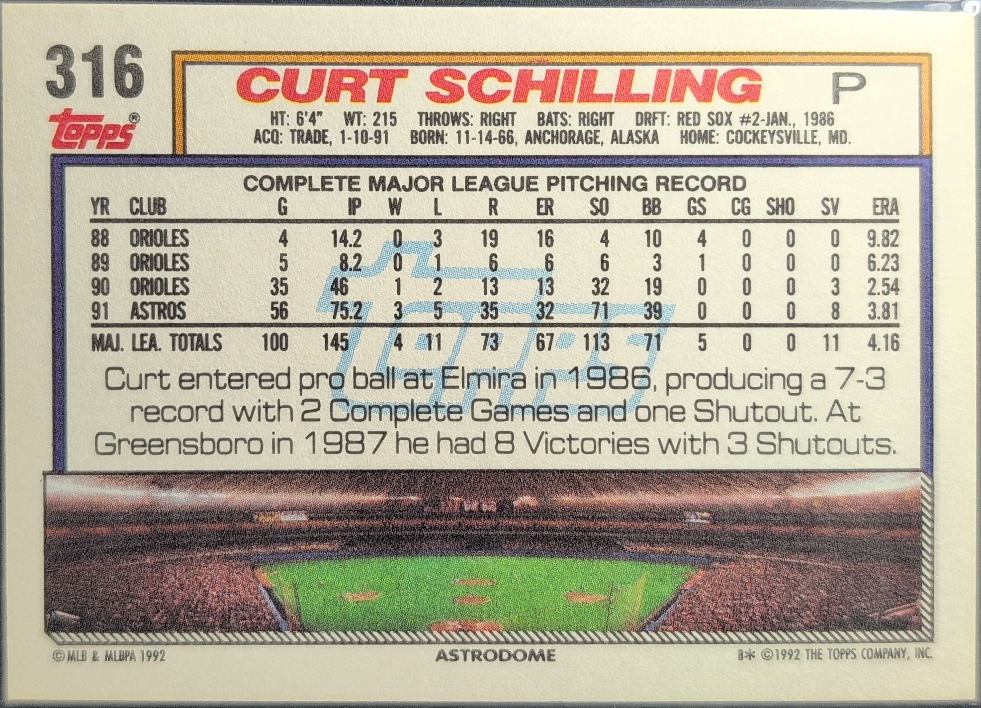 1992 Topps Micro Curt Schilling #316 Houston Astros back