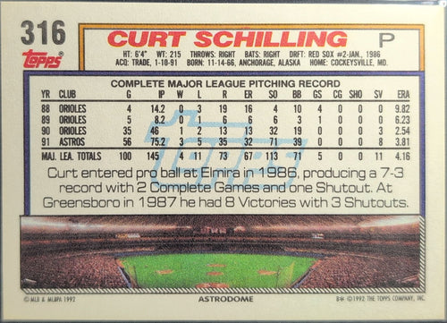 1992 Topps Micro Curt Schilling #316 Houston Astros back