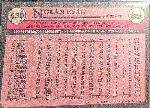 1989 Topps Nolan Ryan #530 Houston Astros back