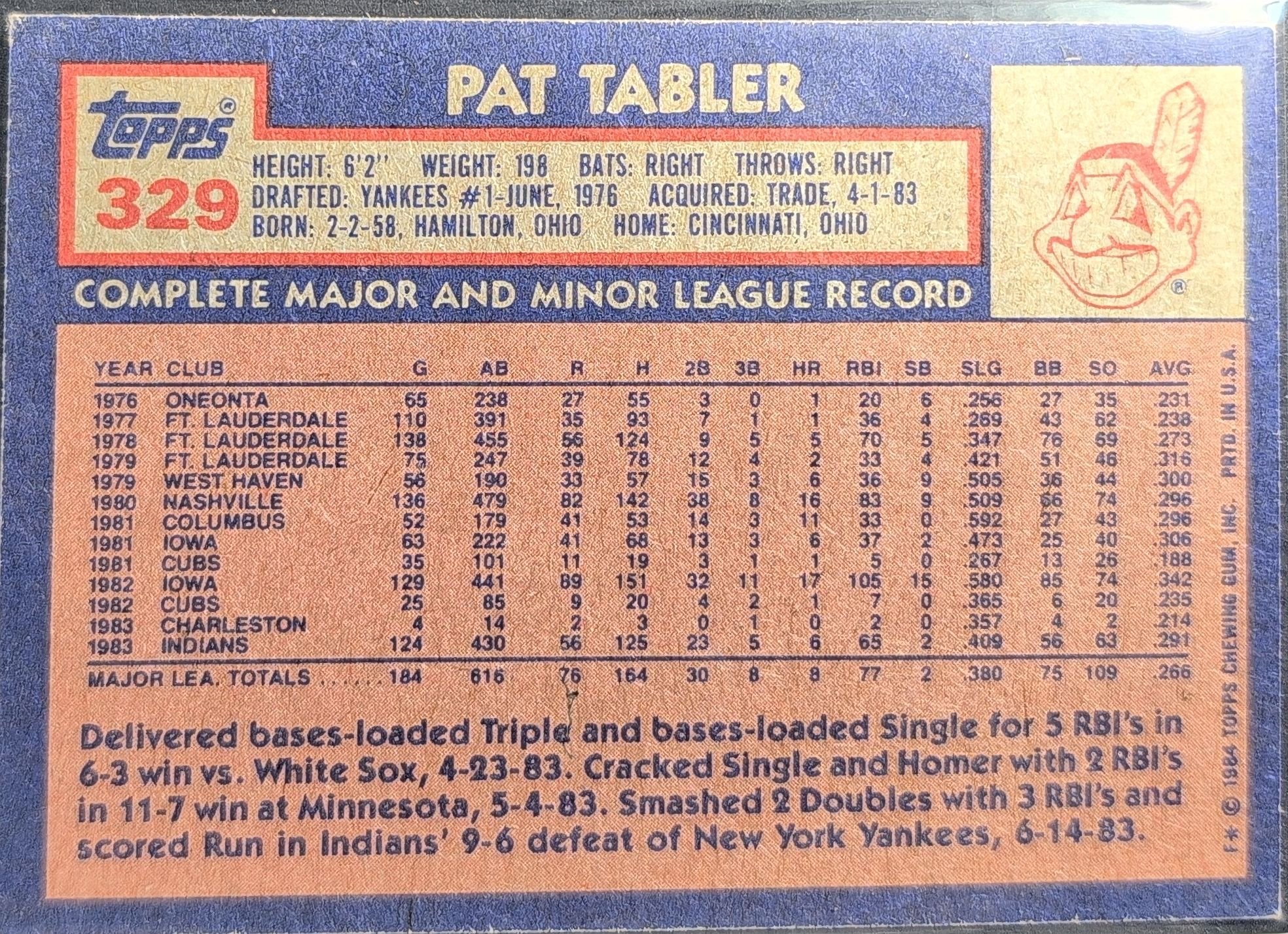 Pat Tabler 1984 Topps #329 Cleveland Indians - back image