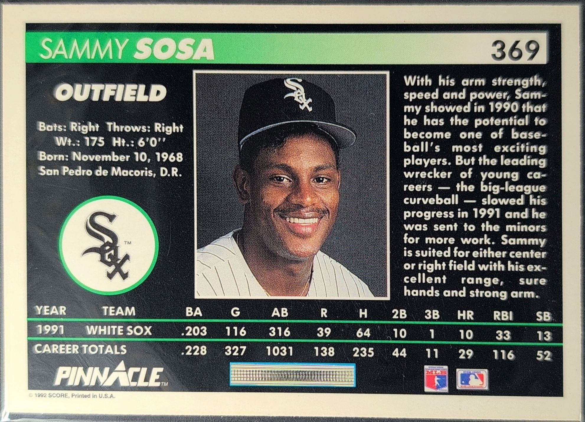 Sammy Sosa 1992 Pinnacle #369 Chicago White Sox - back image