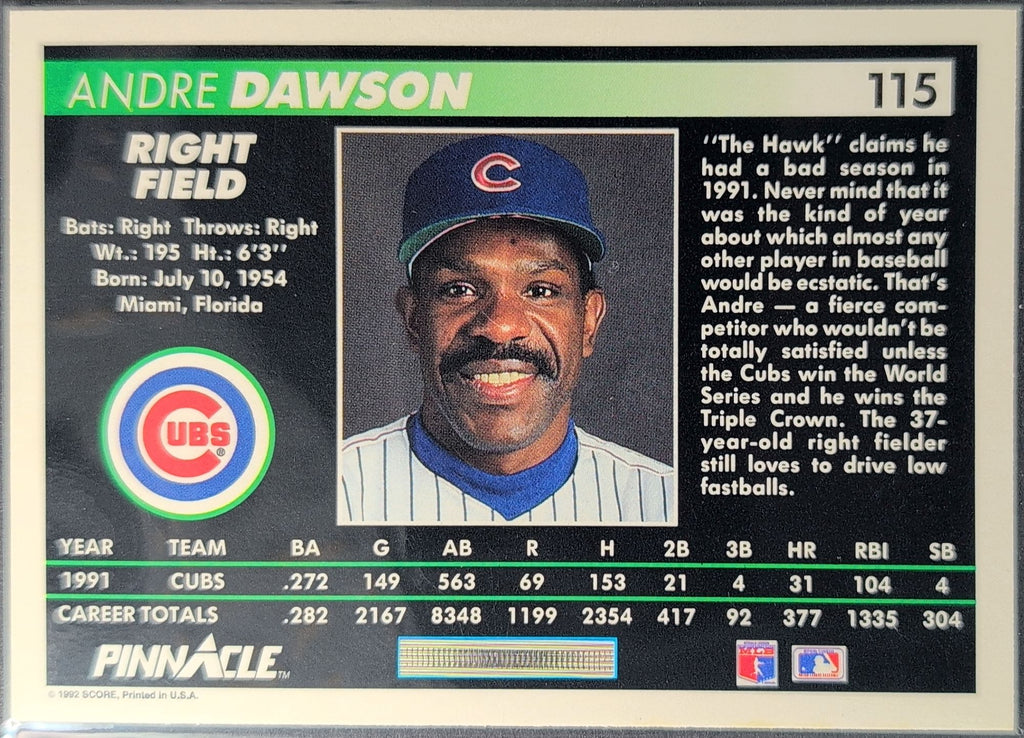 1992 Pinnacle Andre Dawson #115 Chicago Cubs back