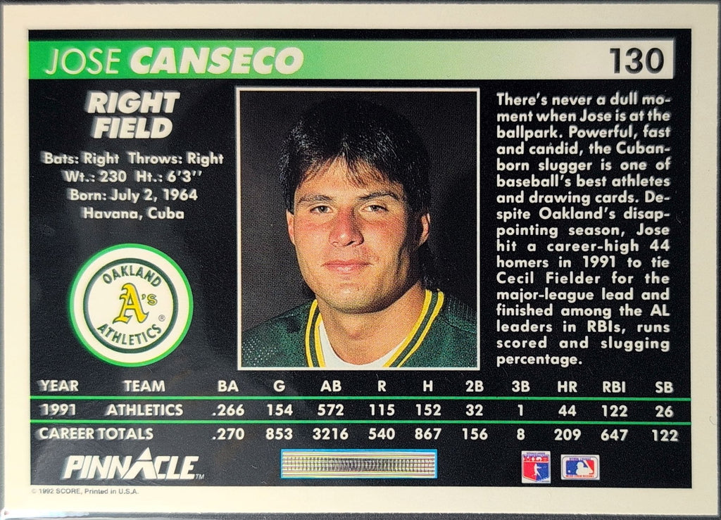 1992 Pinnacle Jose Canseco #130 Oakland Athletics back
