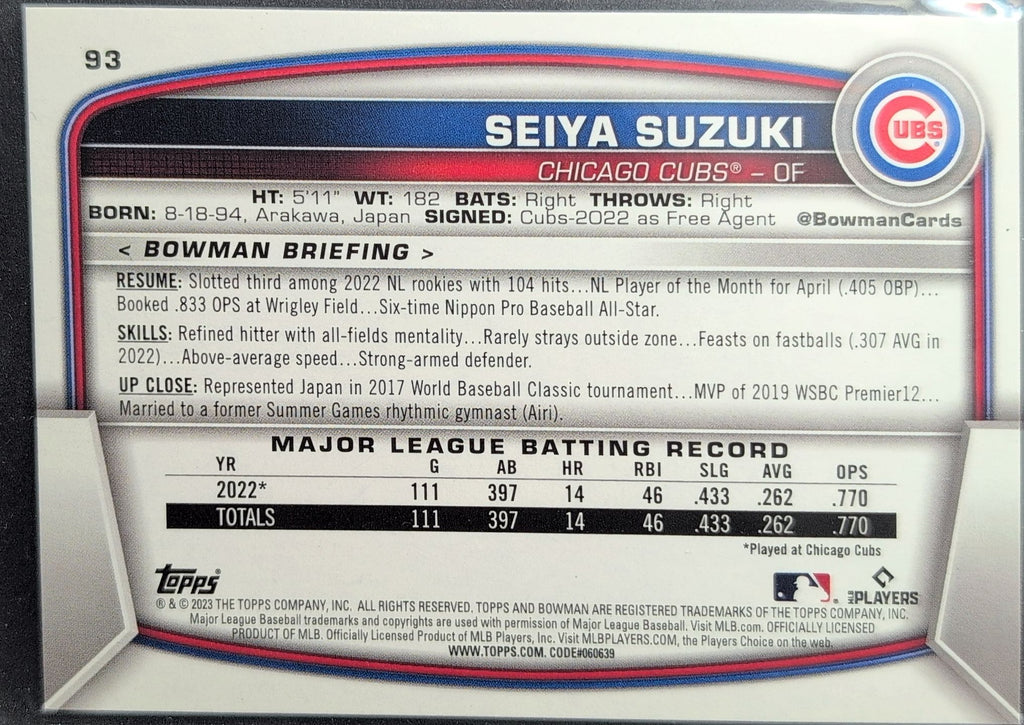 2023 Bowman Seiya Suzuki #93 Chicago Cubs back