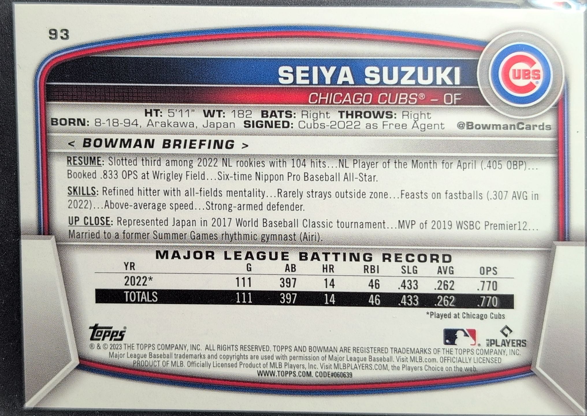 2023 Bowman Seiya Suzuki #93 Chicago Cubs back