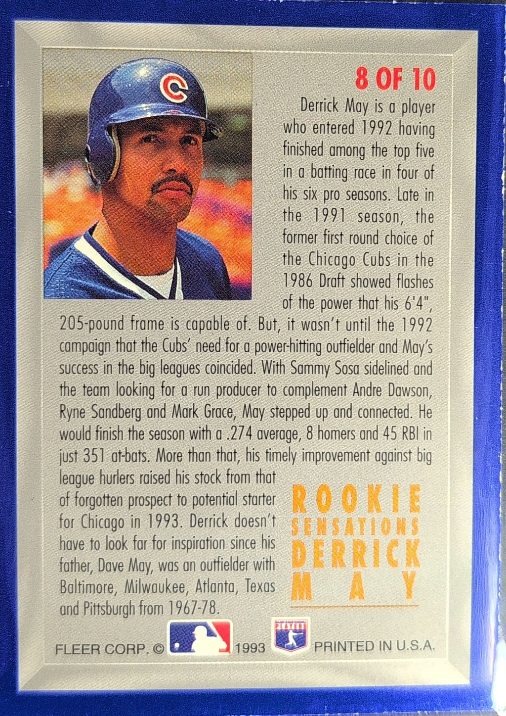 1993 Fleer Derrick May #8 Rookie Sensations (Series One) Chicago Cubs back