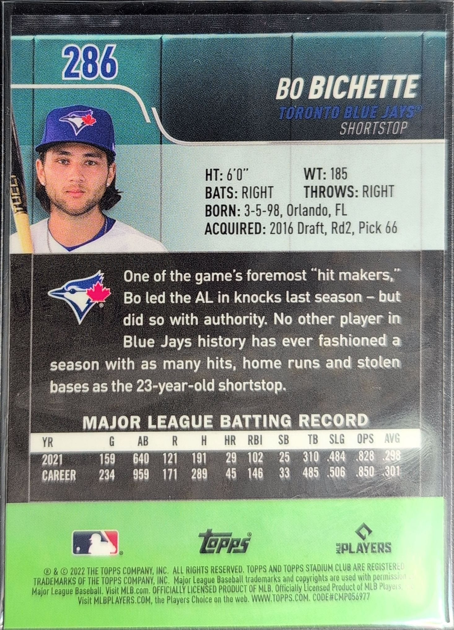 Bo Bichette 2022 Stadium Club Chrome #286 X-Fractor Toronto Blue Jays - back image