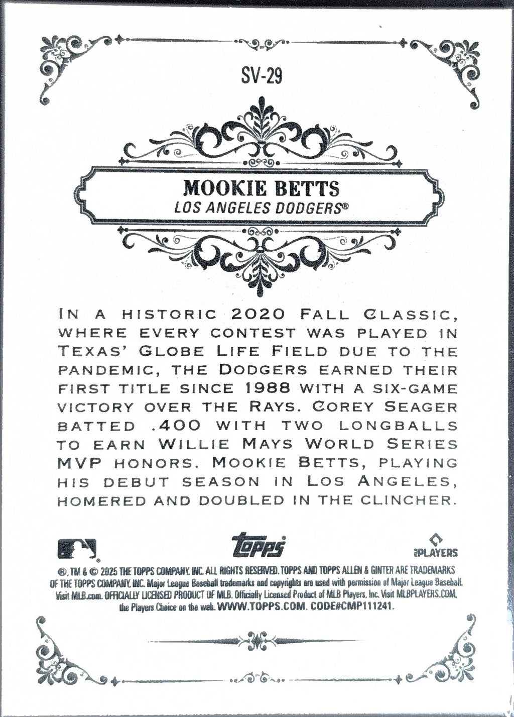 2025 Topps Allen & Ginter Mookie Betts #SV-29 Sweet Victory Los Angeles Dodgers back
