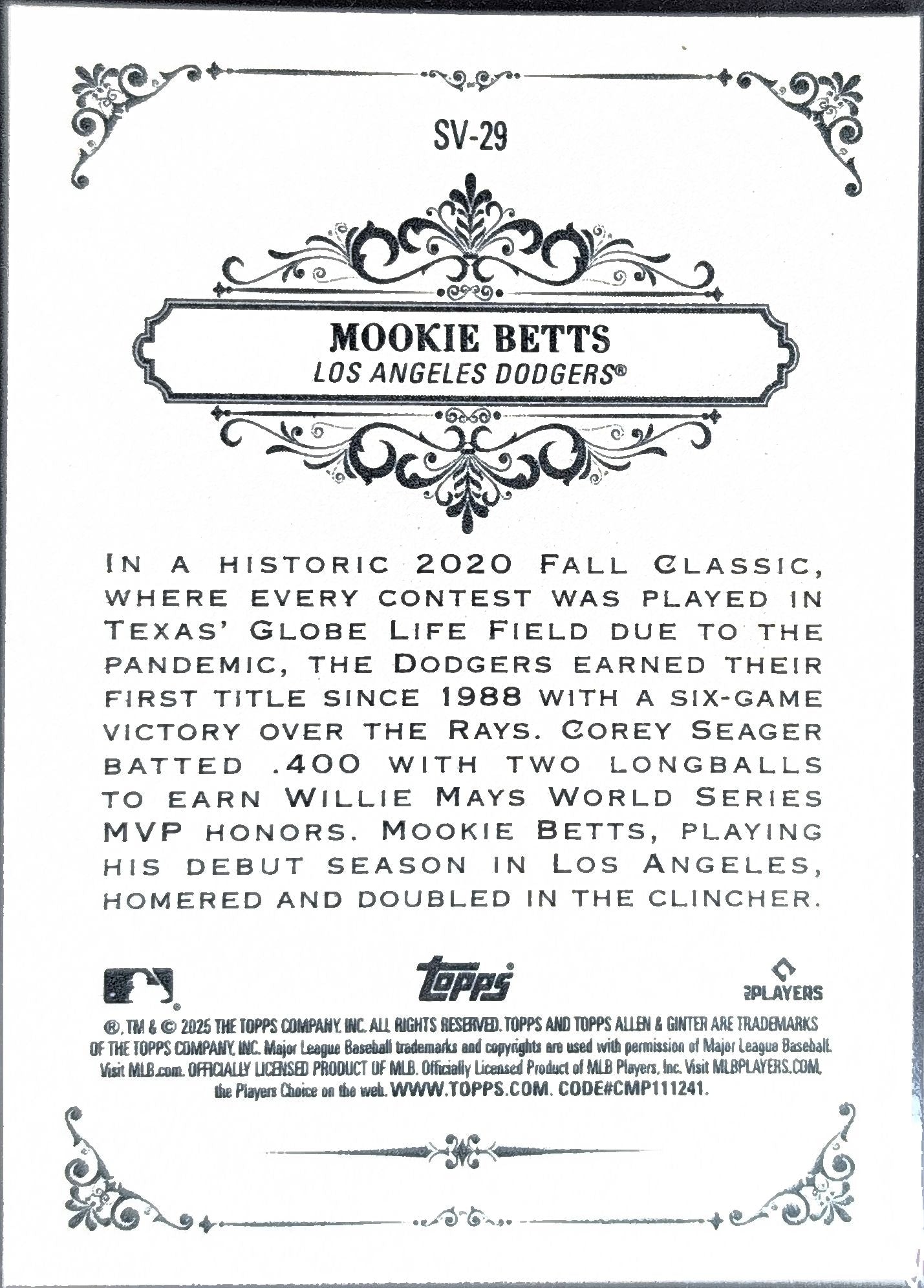 2025 Topps Allen & Ginter Mookie Betts #SV-29 Sweet Victory Los Angeles Dodgers back