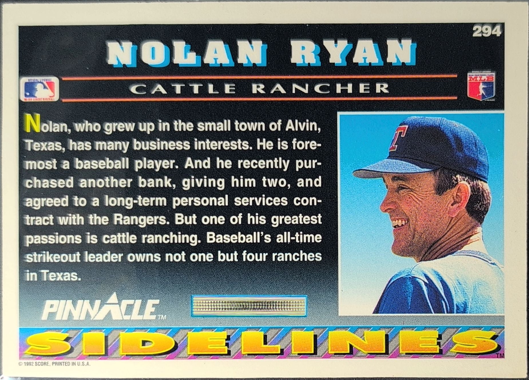 1992 Pinnacle Nolan Ryan #294 Texas Rangers back