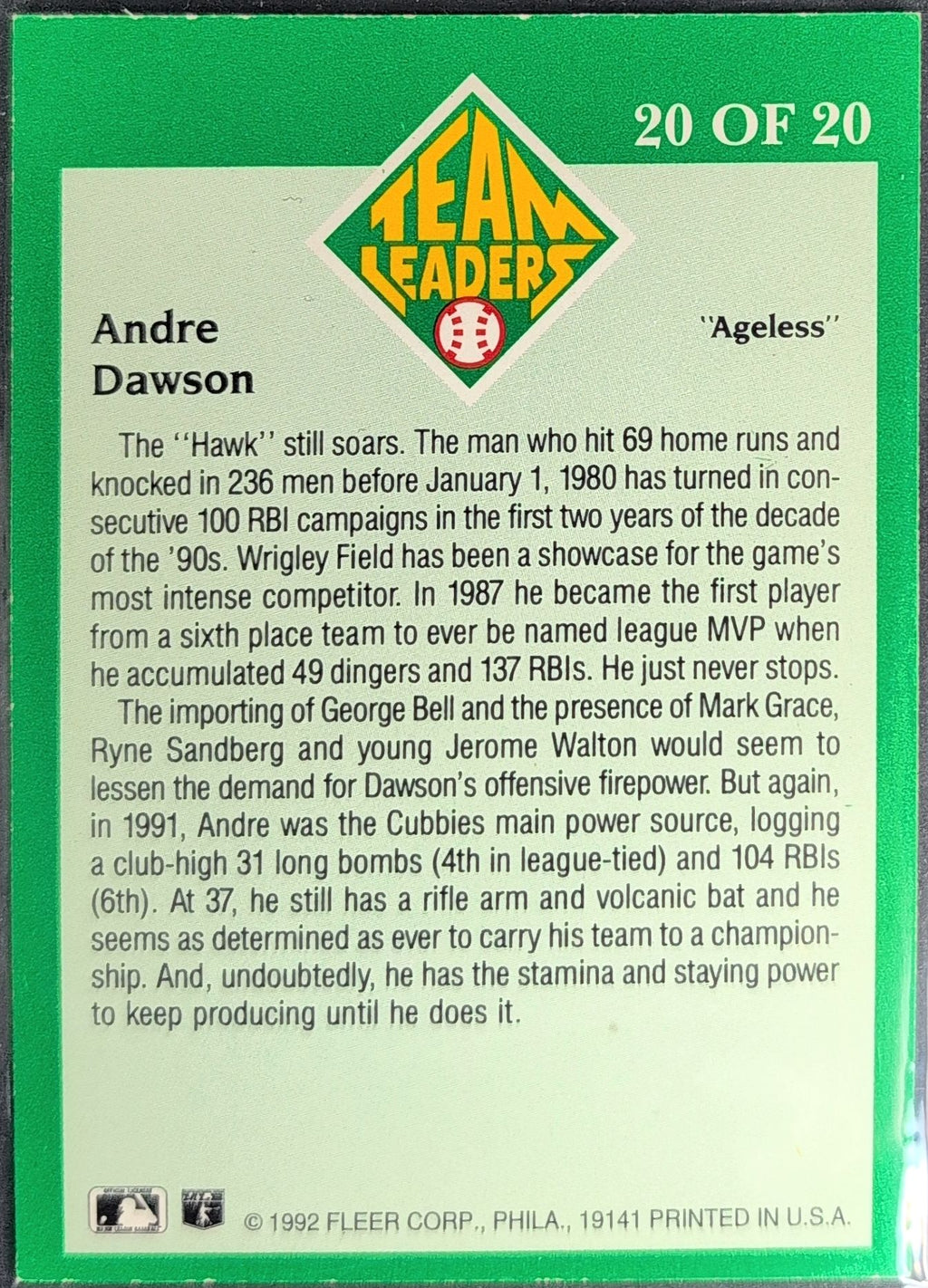 1992 Fleer Andre Dawson #20 Team Leaders Chicago Cubs back