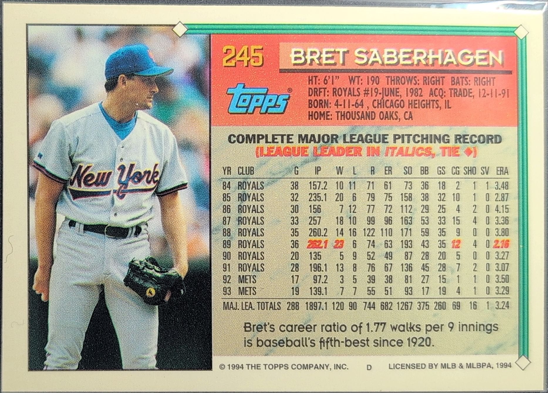 Bret Saberhagen 1994 Topps #245 Gold New York Mets - back image