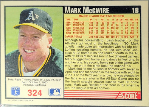 1991 Score Mark McGwire #324 Oakland Athletics back