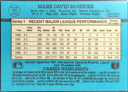 1991 Donruss Mark McGwire #105b Oakland Athletics back