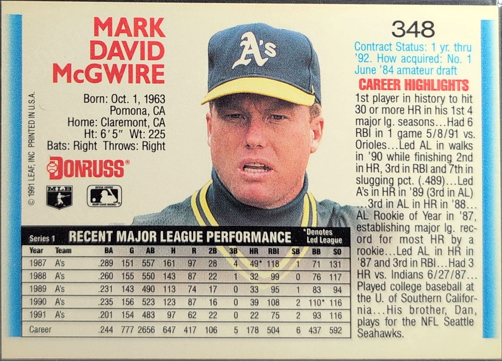 1992 Donruss Mark McGwire #348 Oakland Athletics back