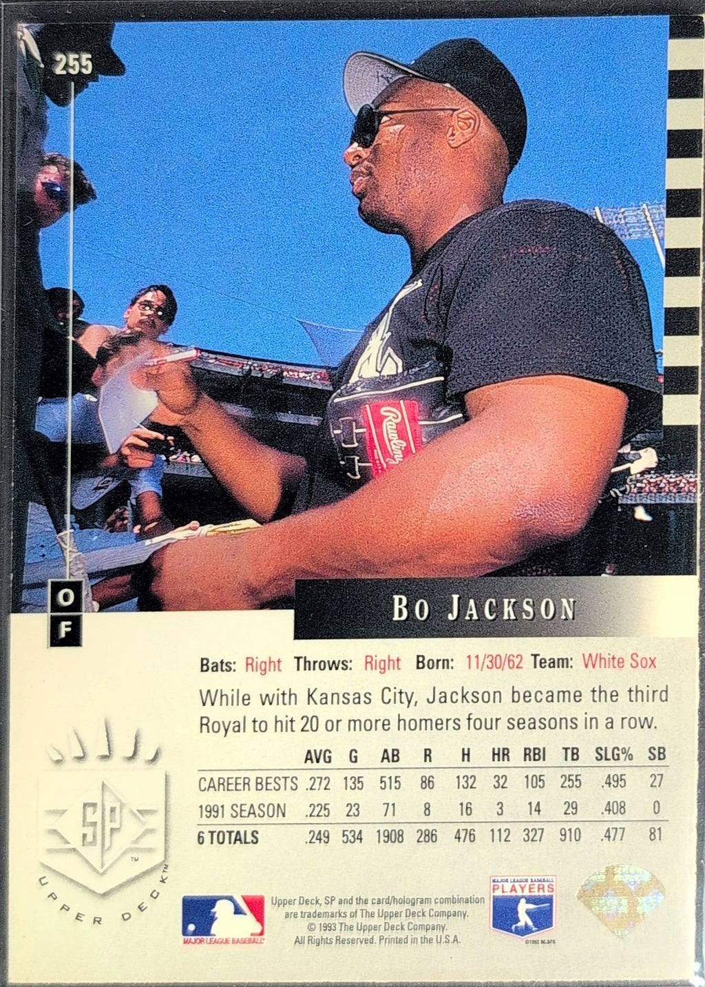 Bo Jackson 1993 SP #255 Chicago White Sox - back image