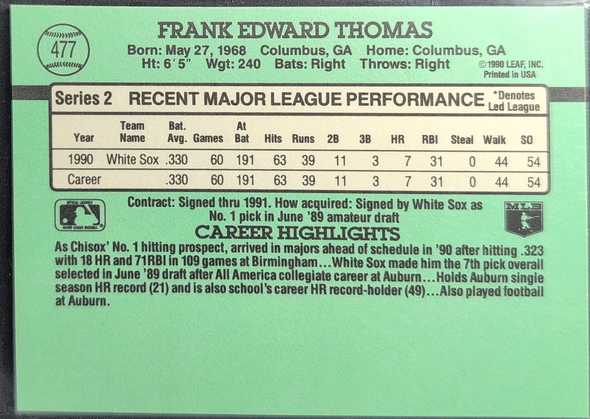 Frank Thomas 1991 Donruss #477c Chicago White Sox - back image