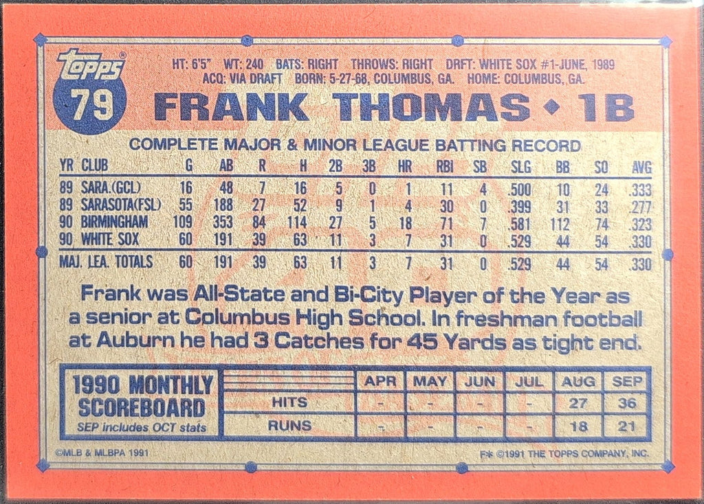 1991 Topps Frank Thomas #79 Chicago White Sox back