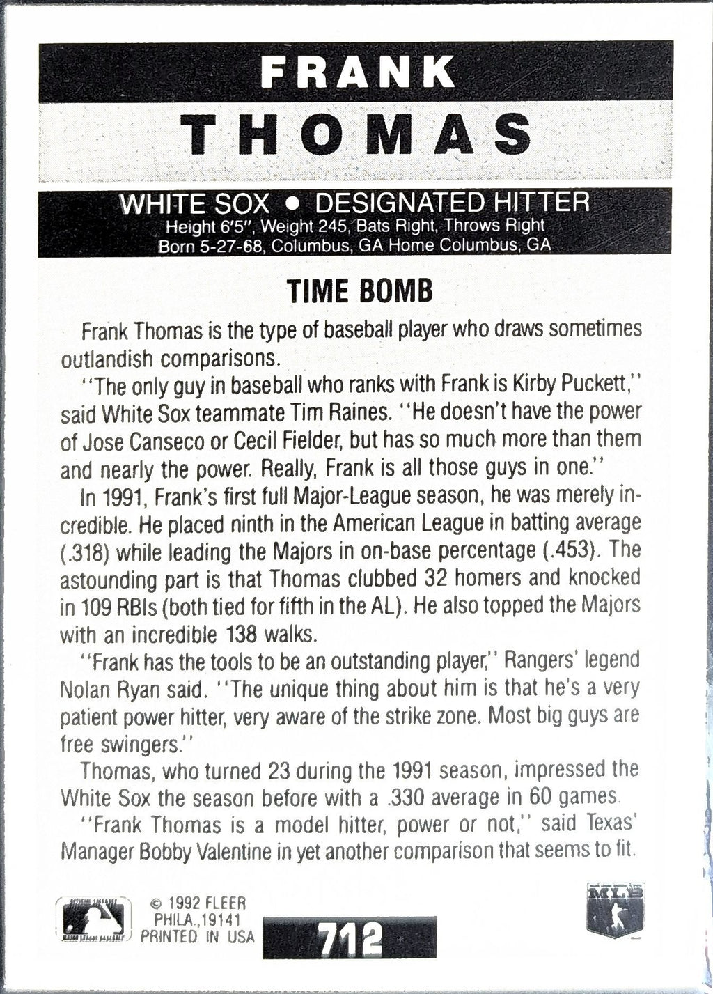 Frank Thomas 1992 Fleer #712 Chicago White Sox - back image