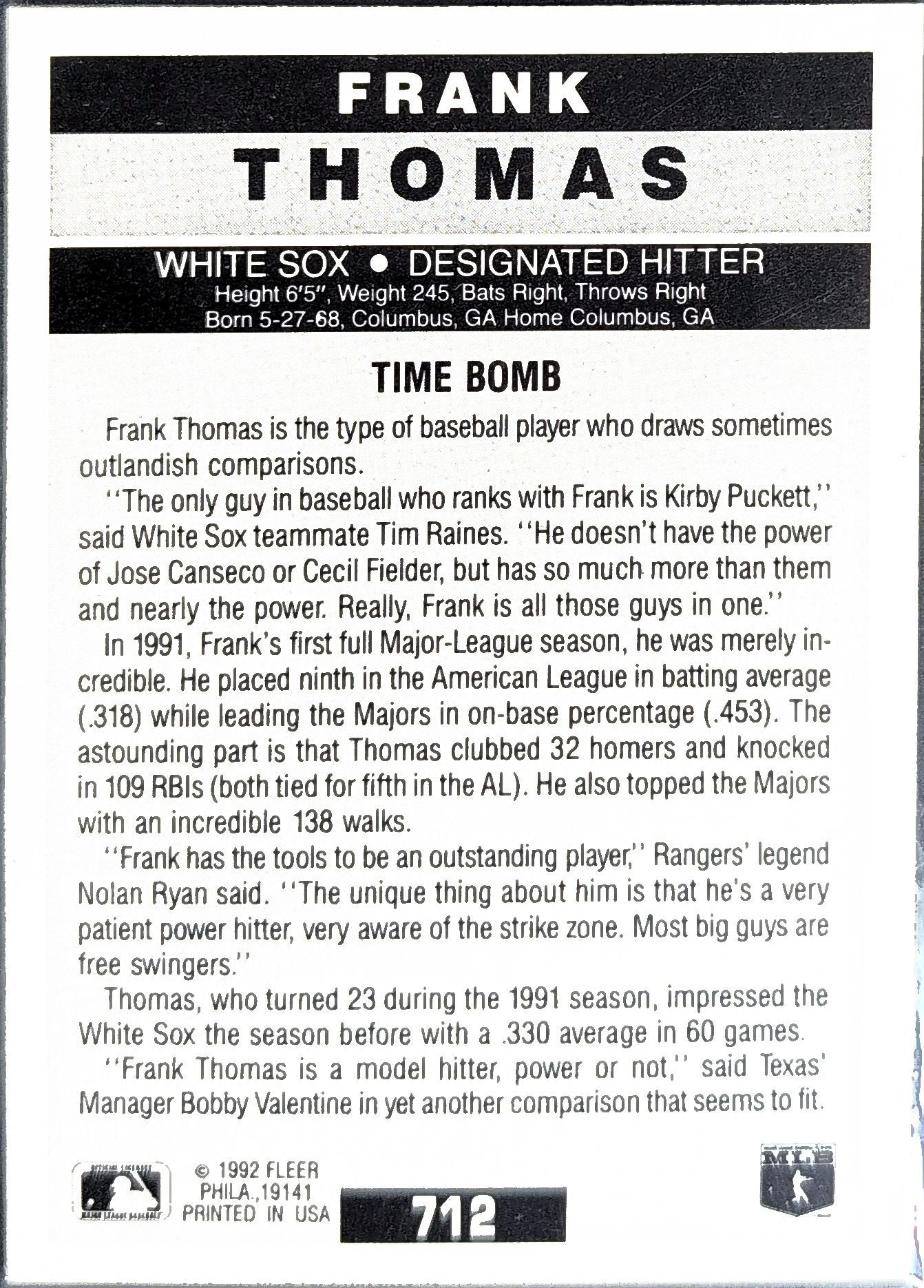 Frank Thomas 1992 Fleer #712 Chicago White Sox - back image