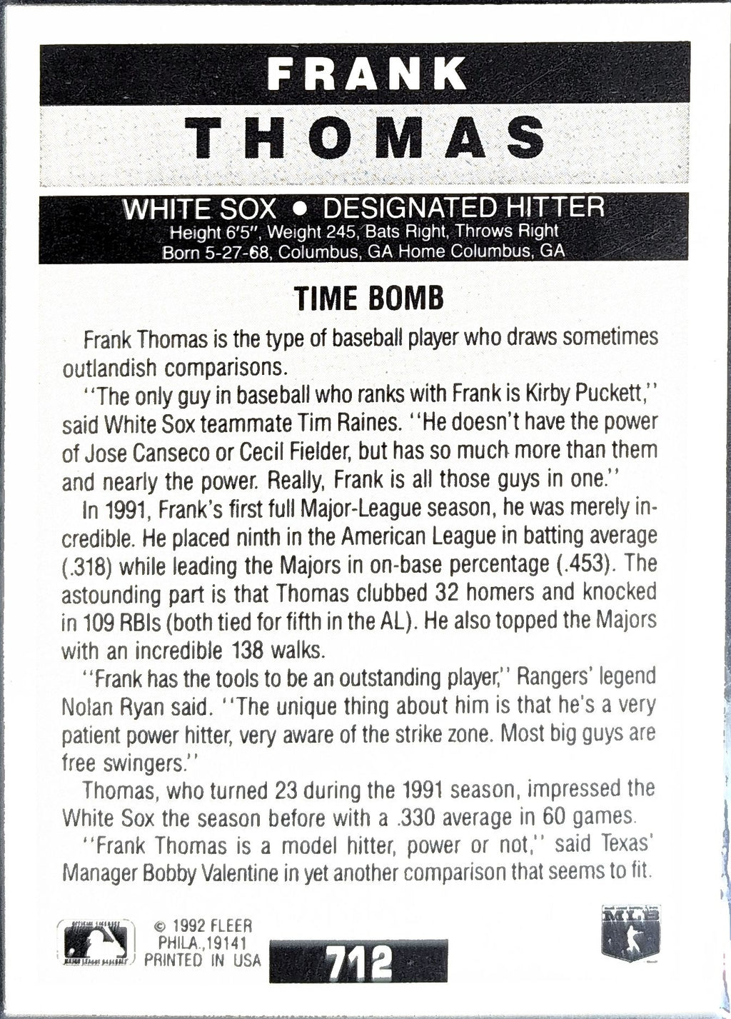 1992 Fleer Frank Thomas #712 Chicago White Sox back