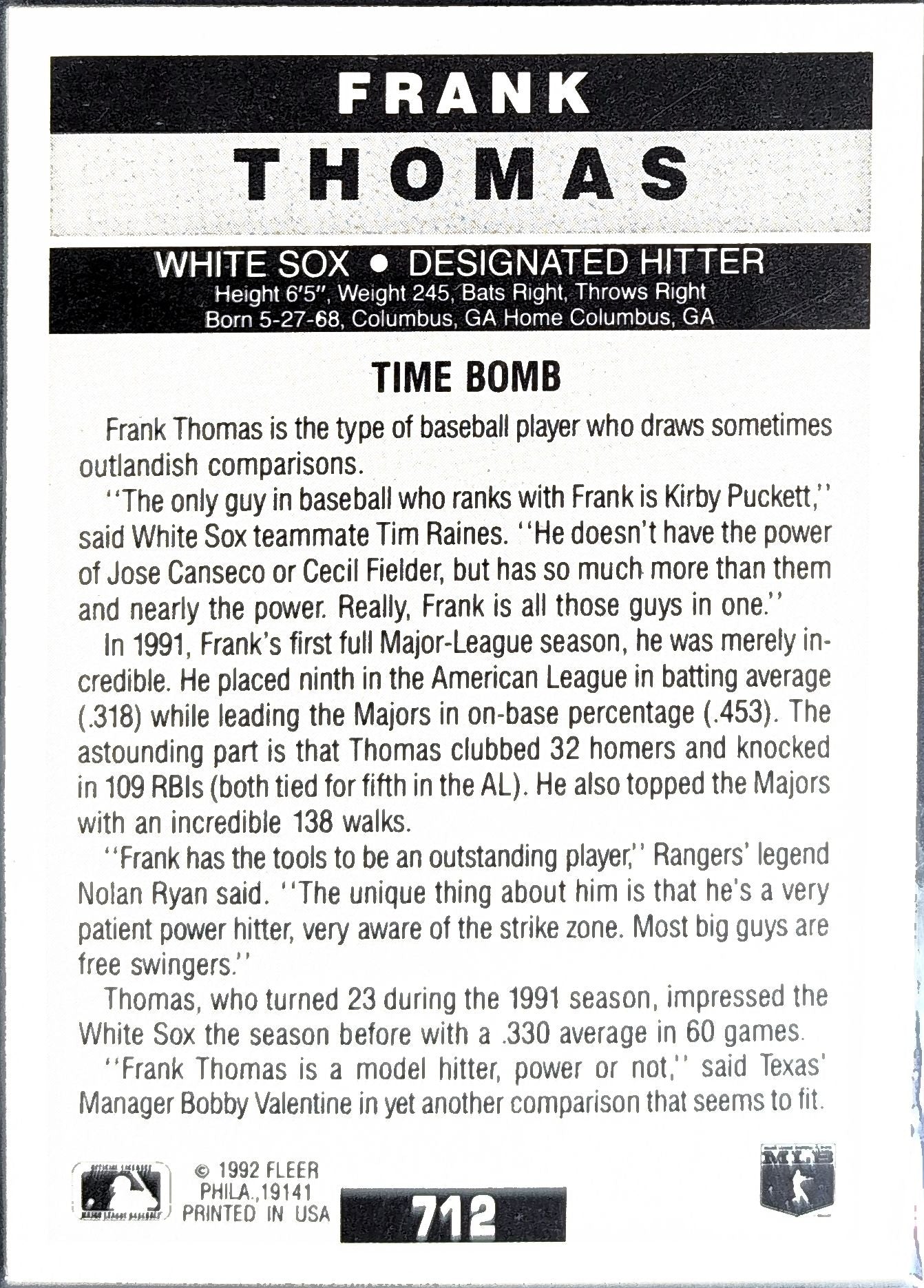 1992 Fleer Frank Thomas #712 Chicago White Sox back