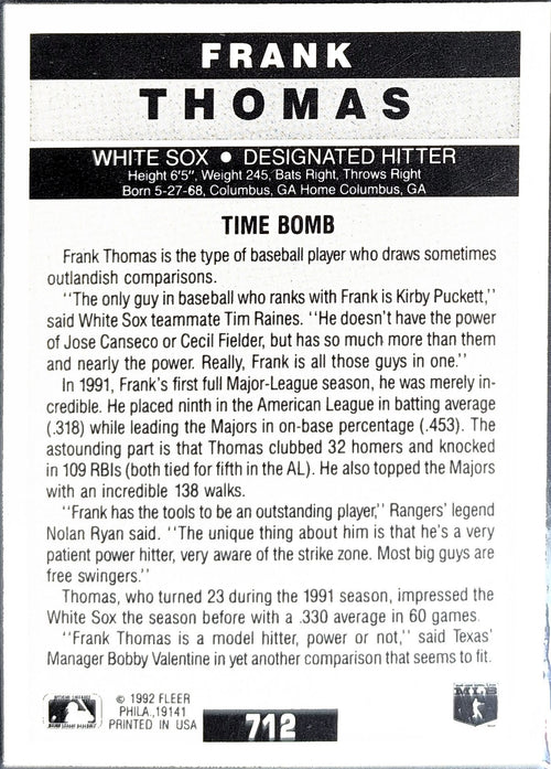 1992 Fleer Frank Thomas #712 Chicago White Sox back