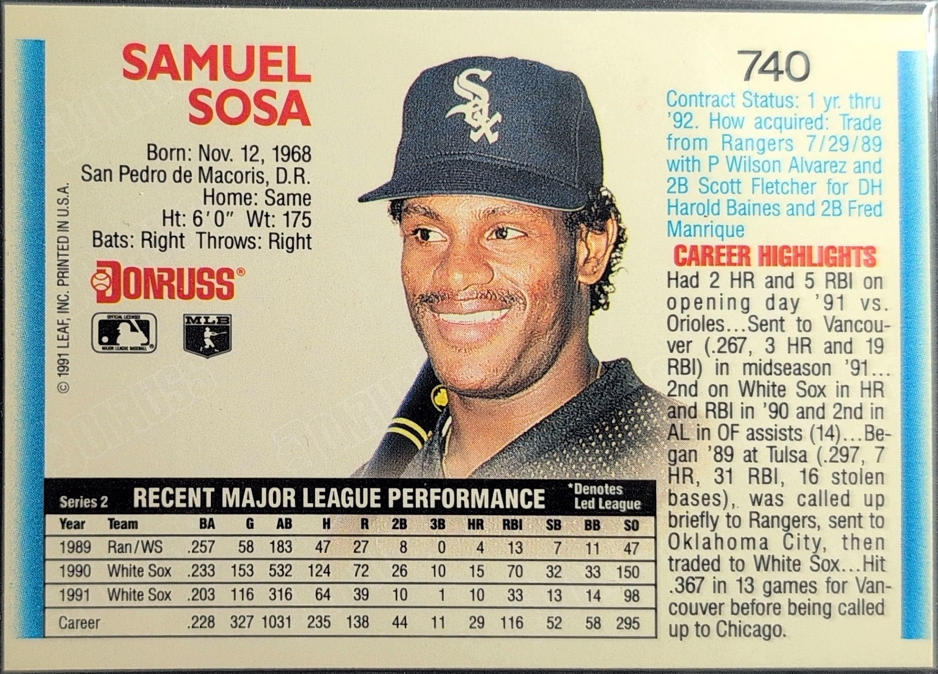 Sammy Sosa 1992 Donruss #740b Chicago White Sox - back image