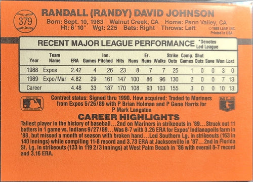 1990 Donruss Randy Johnson #379c Seattle Mariners back