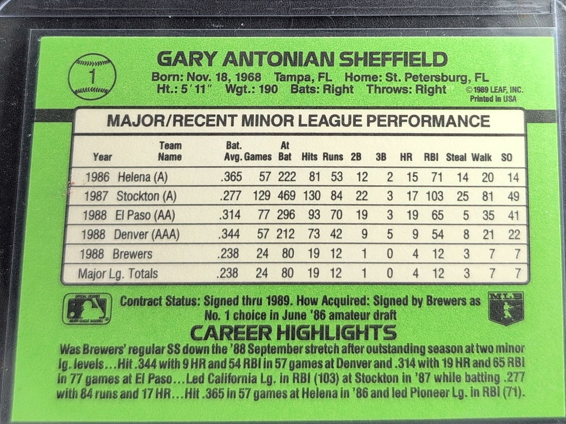 Gary Sheffield 1989 Donruss The Rookies #1 Milwaukee Brewers - back image