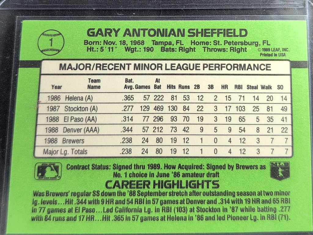 1989 Donruss The Rookies Gary Sheffield #1 Milwaukee Brewers back