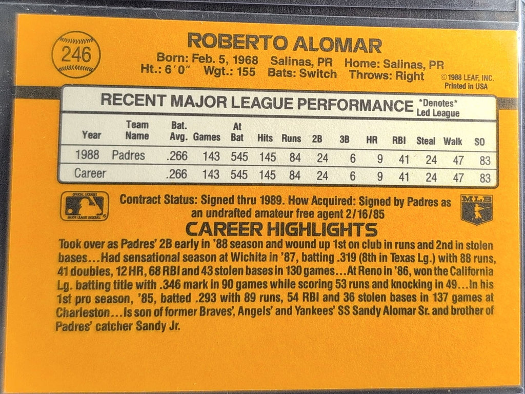 1989 Donruss Roberto Alomar #246c San Diego Padres back