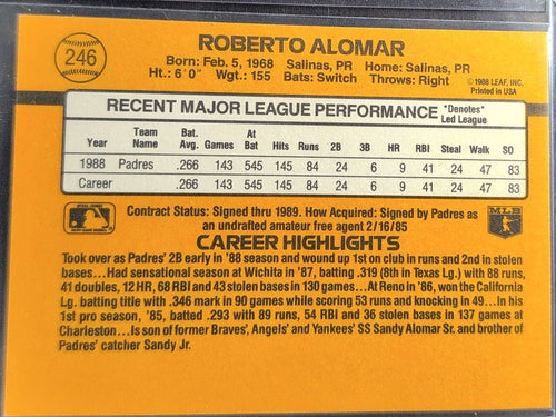 1989 Donruss Roberto Alomar #246c San Diego Padres back