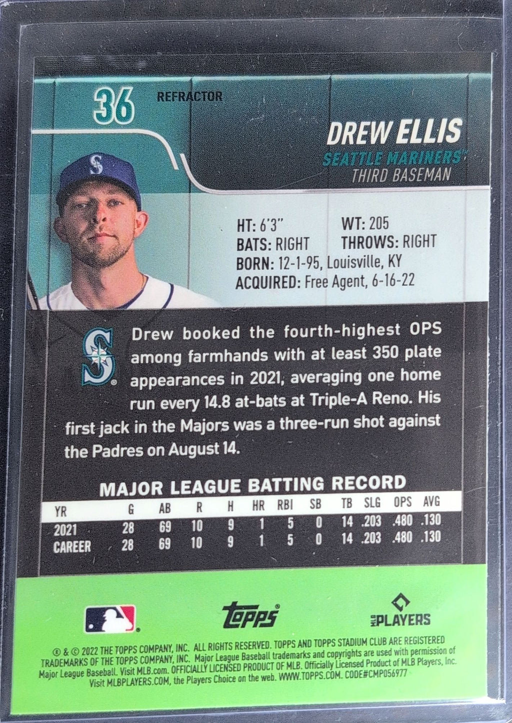2022 Stadium Club Chrome Drew Ellis #36 RC Seattle Mariners back