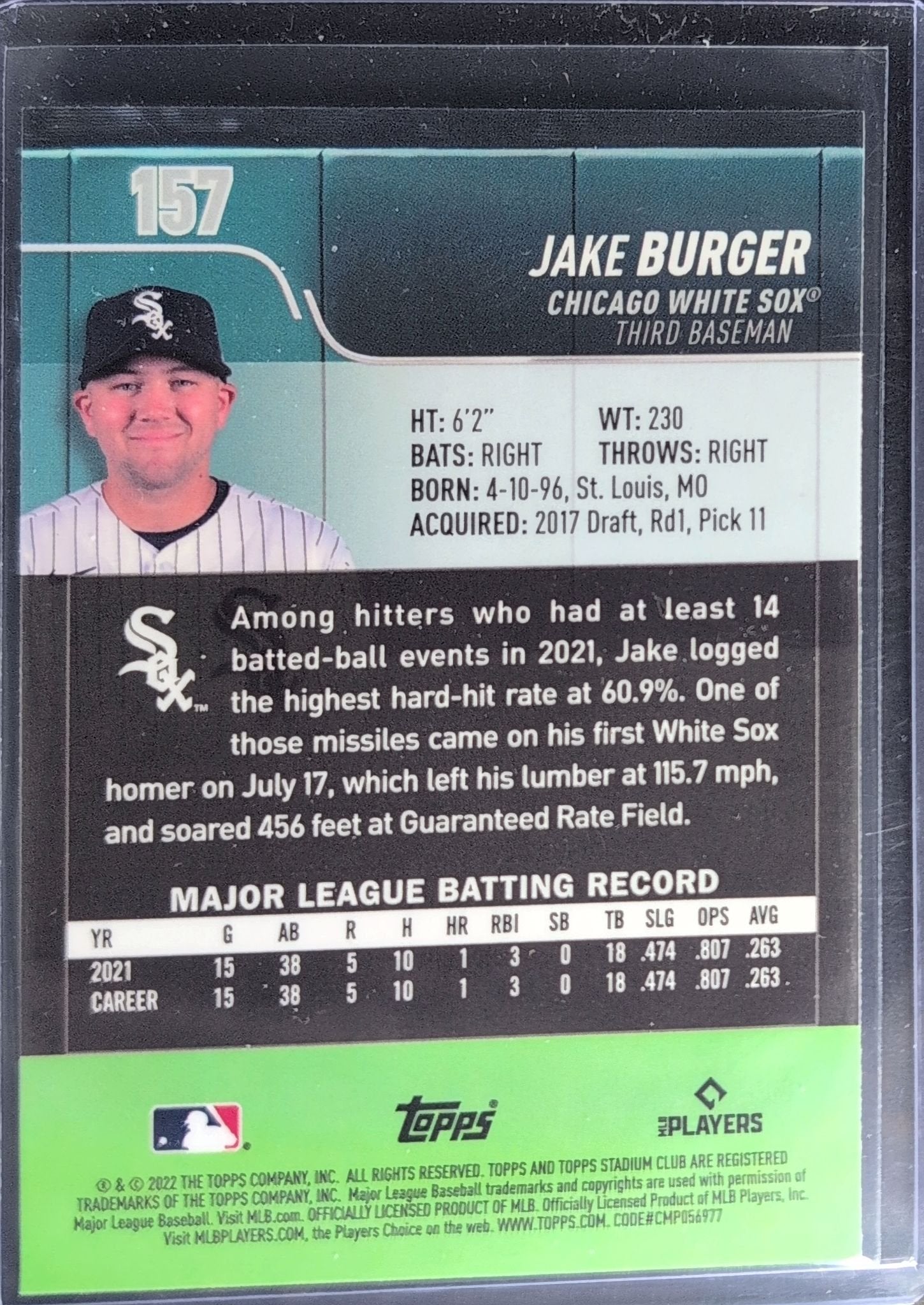 Jake Burger 2022 Stadium Club Chrome #157 Rookie RC Chicago White Sox - back image