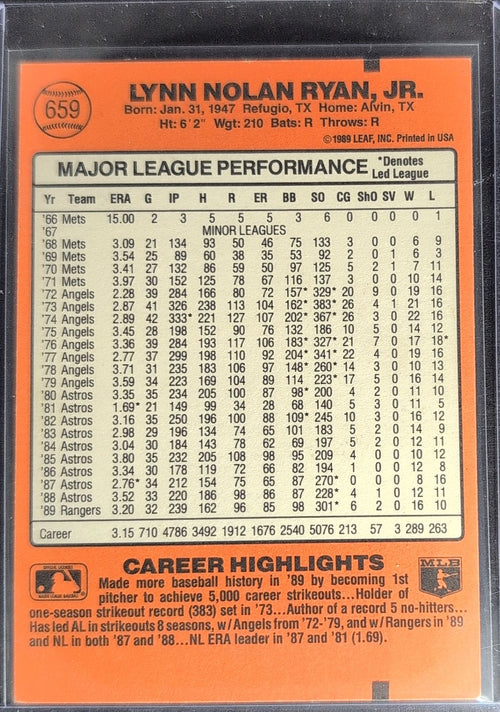 1990 Donruss Nolan Ryan #659 Texas Rangers back