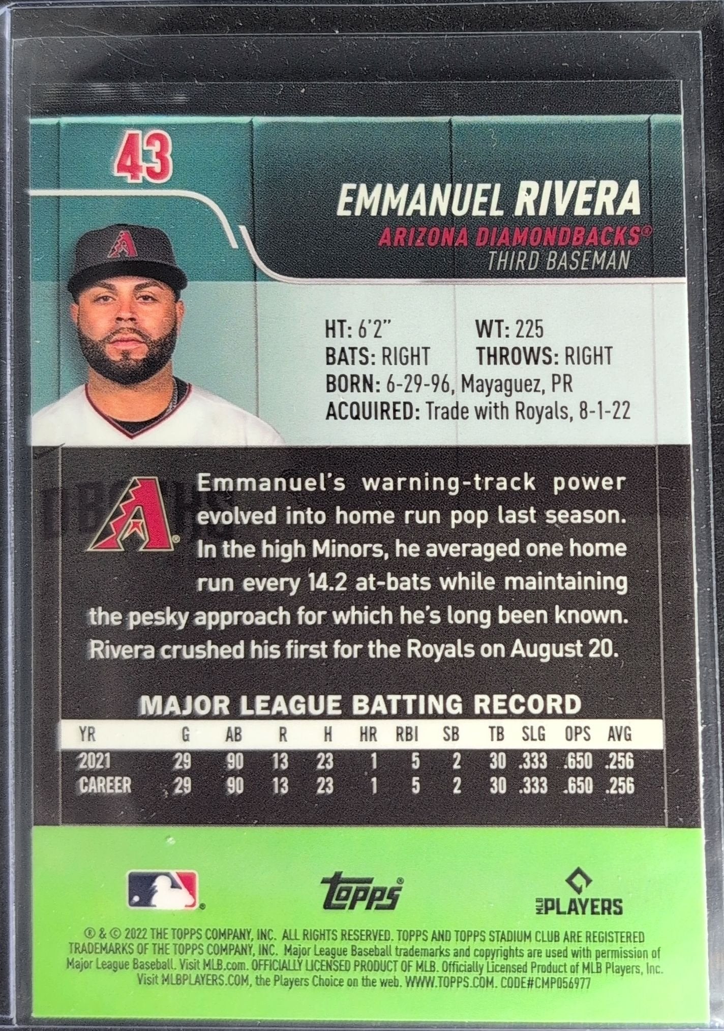 Emmanuel Rivera 2022 Stadium Club Chrome #43 Rookie RC Arizona Diamondbacks - back image