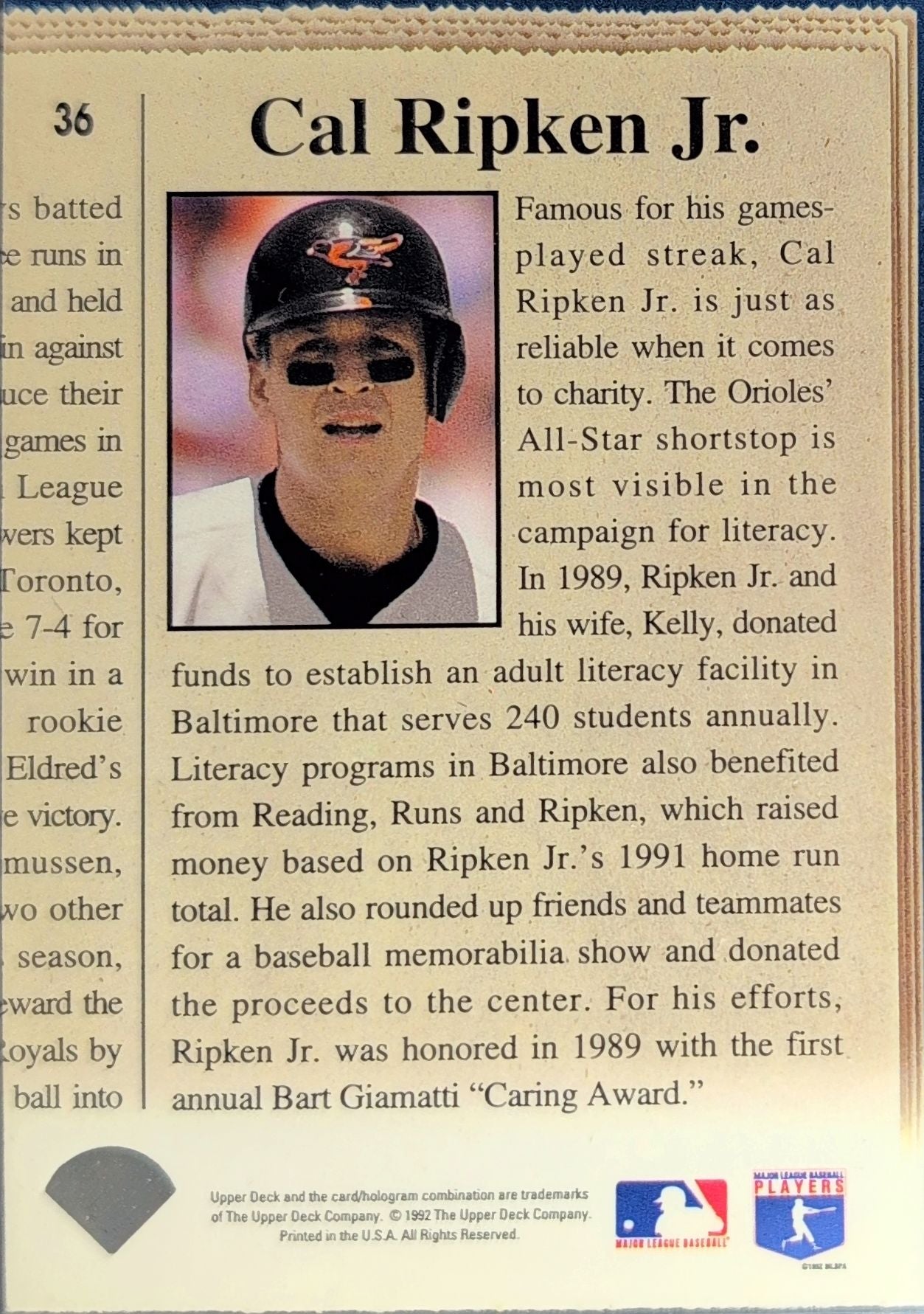 1993 Upper Deck Cal Ripken Jr. #36 Baltimore Orioles back