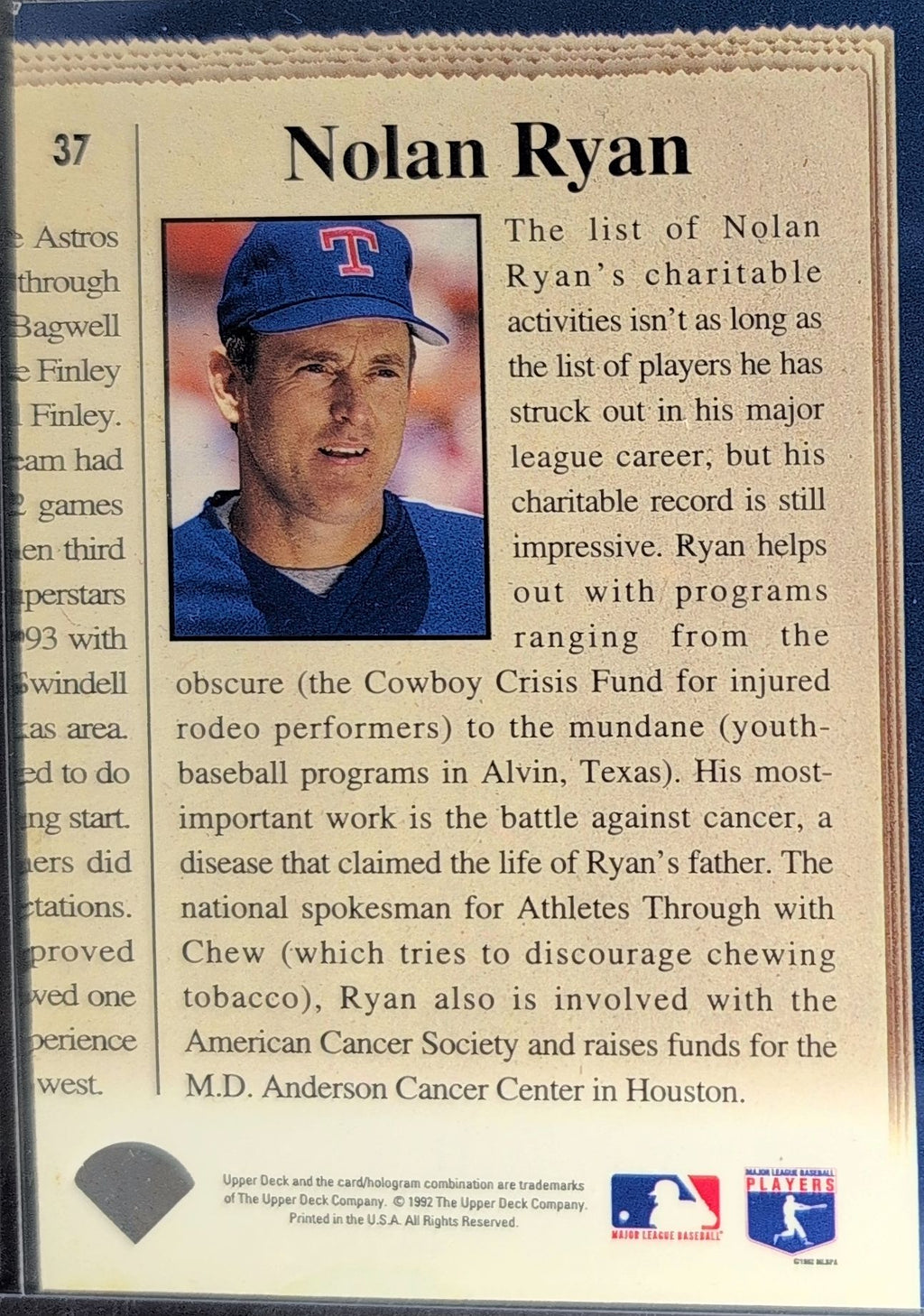 1993 Upper Deck Nolan Ryan #37 Gold Hologram Texas Rangers back