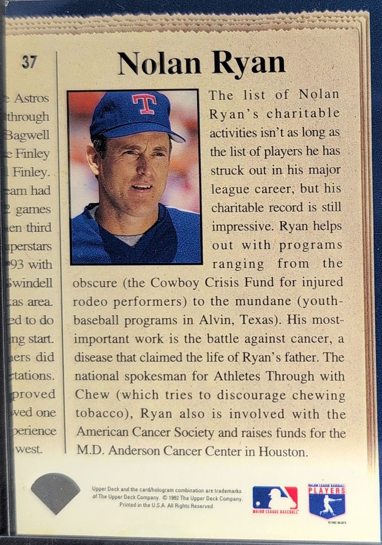 1993 Upper Deck Nolan Ryan #37 Gold Hologram Texas Rangers back