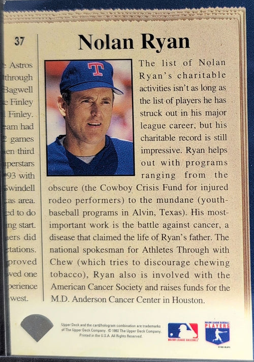 1993 Upper Deck Nolan Ryan #37 Gold Hologram Texas Rangers back