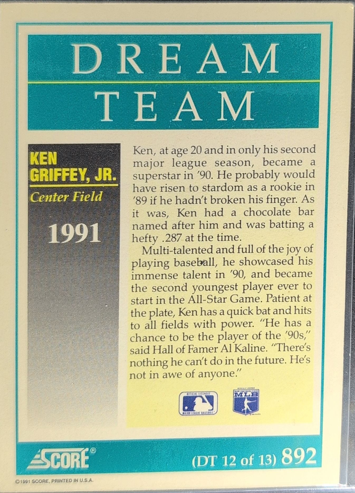 1991 Score Ken Griffey, Jr. #892 Seattle Mariners back
