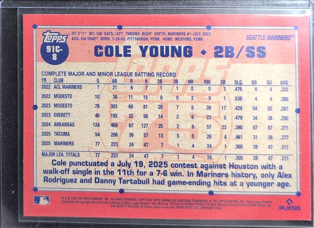 2026 Topps Cole Young #91C-8 1991 Topps Baseball 35th Anniversary Chrome (Series One) Seattle Mariners back