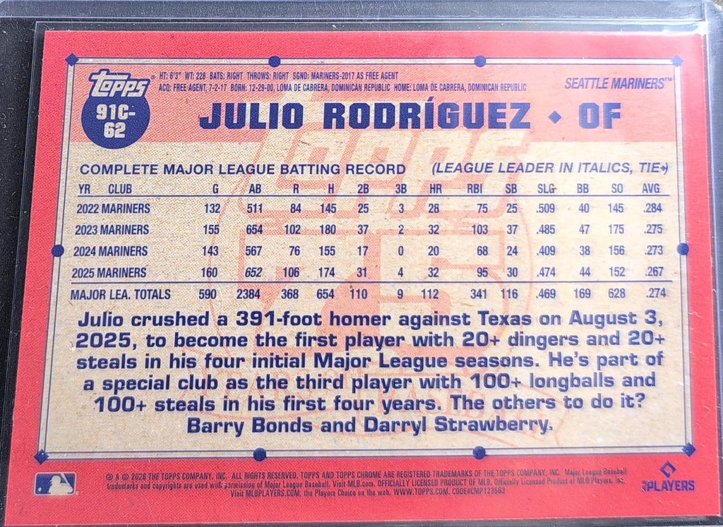 2026 Topps Julio Rodríguez #91C-62 1991 Topps Baseball 35th Anniversary Chrome (Series One) Seattle Mariners back
