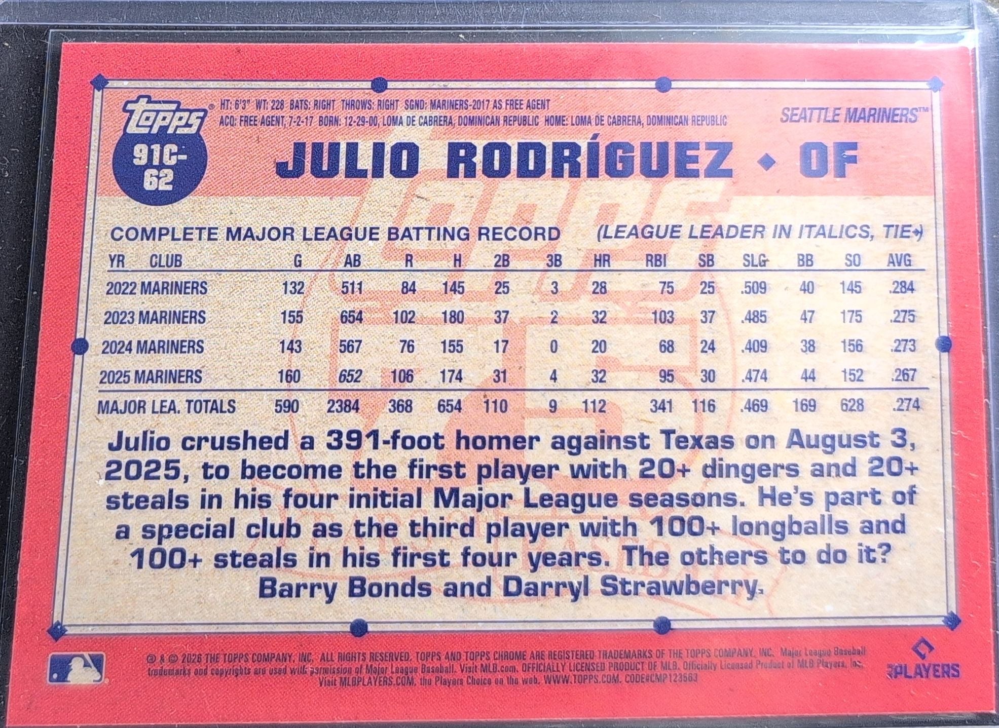 2026 Topps Julio Rodríguez #91C-62 1991 Topps Baseball 35th Anniversary Chrome (Series One) Seattle Mariners back