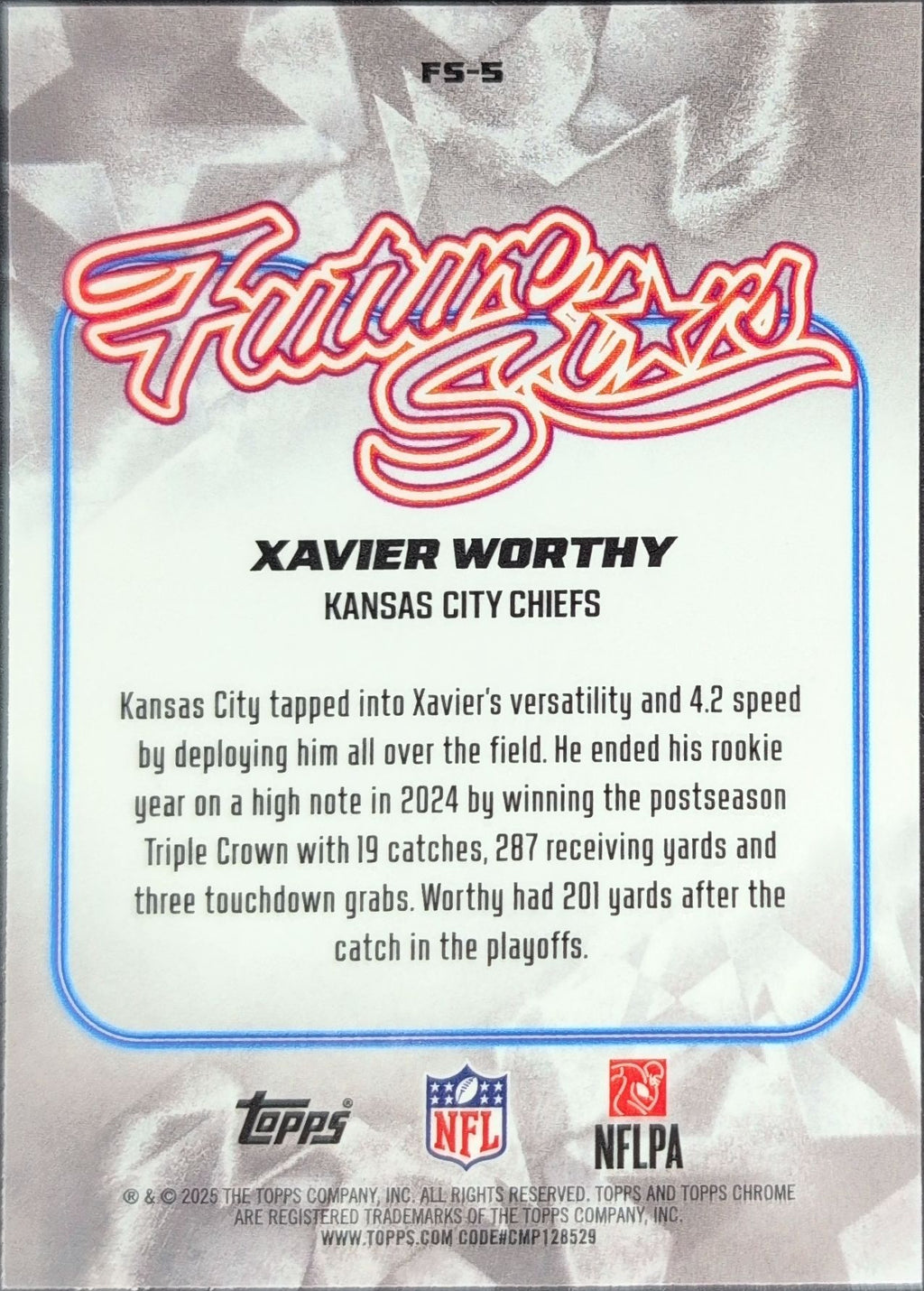 2025 Topps Chrome Xavier Worthy #FS-5 Future Stars Kansas City Chiefs back